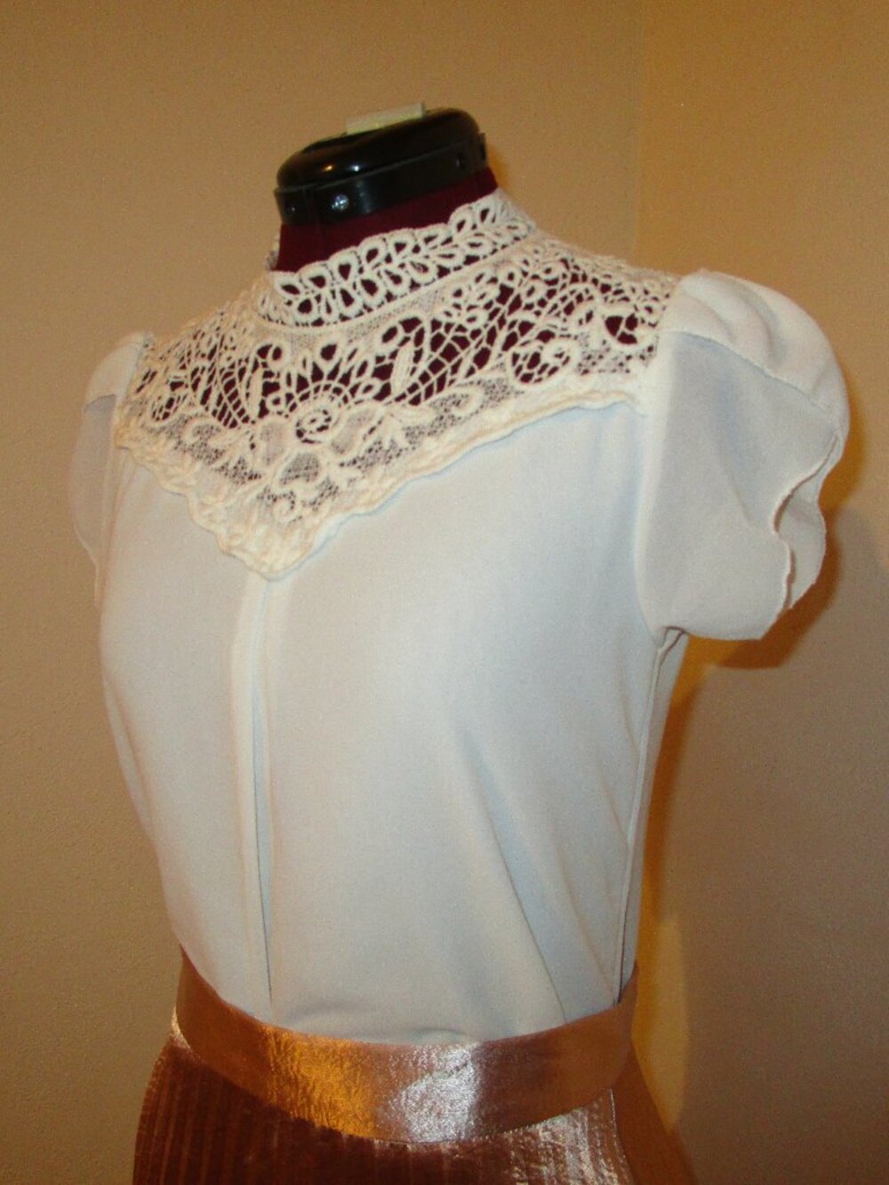 Cute Sheer Blouse w/ Lace Yoke & Petal Sleeves